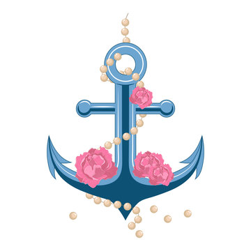 Anchor with pink peonies and a string of pearls. Vector image on white background.