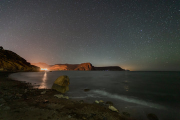 Fototapeta na wymiar Night landscape in the Cala del Cuervo. Natural Park of Cabo de Gata. Spain.