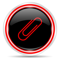 Paperclip icon. Round metal web button, black and red.