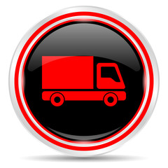 Transportation icon. Round metal web button, black and red.