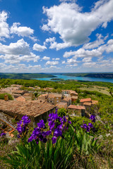 Naklejka premium Vue panoramique depuis le sommet du village Aiguines, lac de Sainte-Croix, plateau de Valensole, entrée du Gorges du Verdon. France, Provence. Fleurs d'iris au premier plan. 