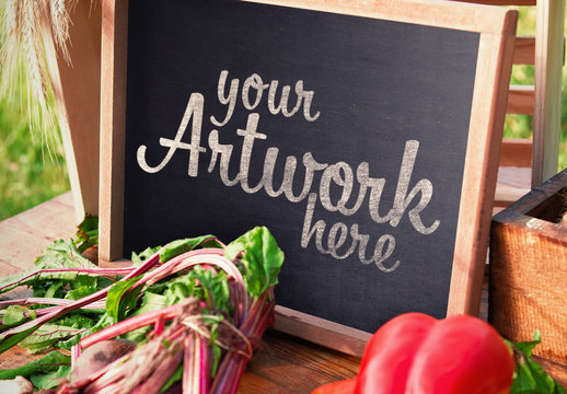 Small Chalkboard and Fresh Vegetables Mockup