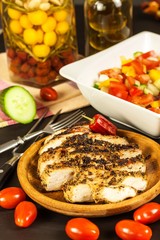Grilled chicken steak with vegetables. Chilli peppers marinade. Healthy food. Food for athletes.