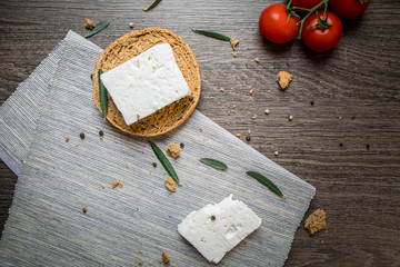 Feta Greek cheese with rusk bread and tomatoes