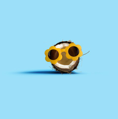 Coconut waring sunglasses on a solid background