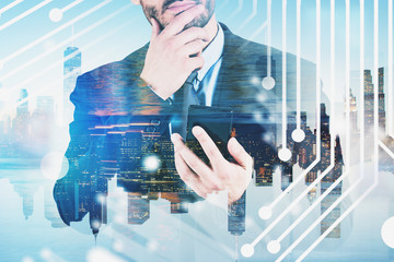 Thoughtful man with phone in city, technology