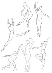 Collection. Silhouette of a cute lady, she is dancing ballet. The girl has a slim beautiful figure. Woman ballerina. Vector illustration set