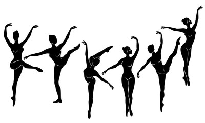 Naklejka na ściany i meble Collection. Silhouette of a cute lady, she is dancing ballet. The girl has a slim beautiful figure. Woman ballerina. Vector illustration set