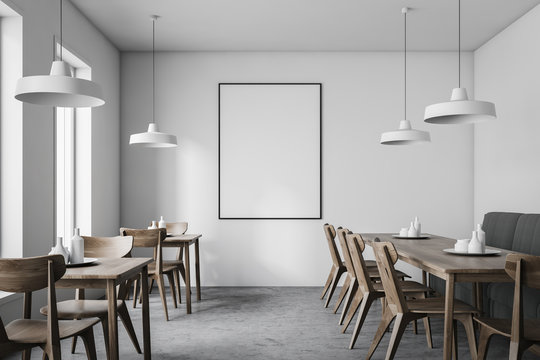 White restaurant interior with poster