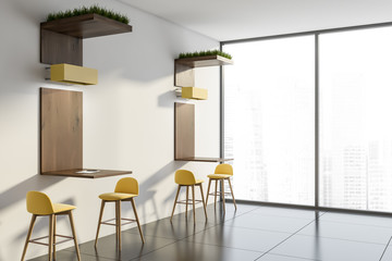 Panoramic cafe interior with stools