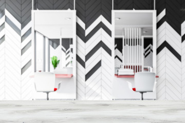 Fototapeta premium Blurred gray and white barber shop interior design
