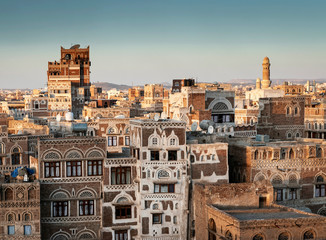 view of sanaa city old town architecture skyline in yemen - obrazy, fototapety, plakaty