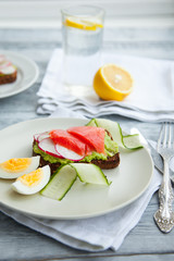 Toast sandwich with Salmon, Avocado,eggs and cucumber on plate on a table