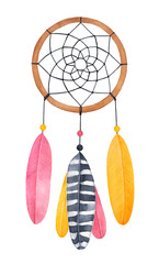 Watercolor illustration of beautiful dreamcatcher with colorful decorative feathers. Symbol of protection and good wishes. Handdrawn water color graphic paint, cutout clipart element for decoration.