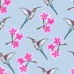 Seamless pattern with pink flowers. Floral d&eacute;cor of plumeria branch and exotic tropical humming bird. Elegant tropical floral print for fabric design, woman dress. Blue background.