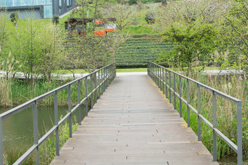Obraz premium puente de madera y acero en un parque