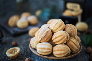 Homemade shortbread nuts with condensed milk. Dessert - biscuits for tea.