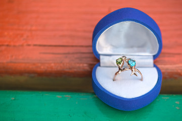 wedding rings in the shape of birds with stones in the box