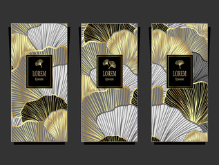 Set Template for package or flyer from Luxury background with  leaves  in gold silver black for cosmetic or perfume or for package of tea or label or for advertising different things or for brand book