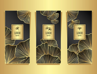Set Template for package or flyer from Luxury background with leaves gold on black for cosmetic or perfume or for package of tea or label or for advertising different things or for brand book