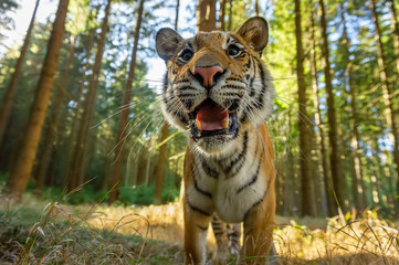Siberian tiger standing in front of photo with open mouth. Dangerous wild animal. 