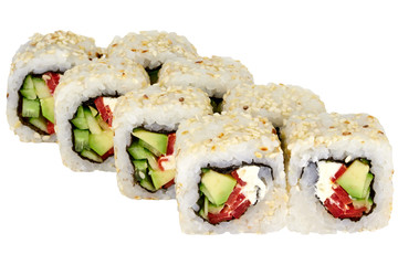 Sushi roll japanese food isolated on white background Philadelphia sushi roll with tuna and cucumber close-up