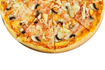 Delicious pizza with chicken mushrooms mozzarella pineapple on a wooden board on an isolated white background