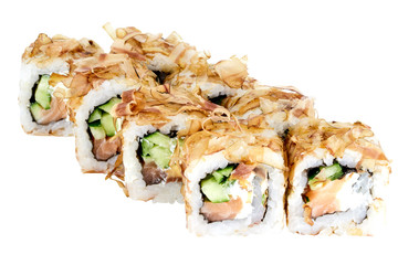 Sushi roll japanese food isolated on white background sushi roll in cod shavings with salmon and cucumber close-up