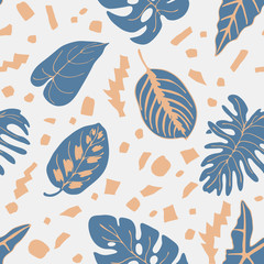Fototapeta na wymiar Pattern with tropical leaves in flat style. Botanical illustration with hand drawn plant elements, jungle floral foliage for textile, wallpaper, wrapping