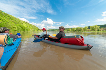 Kayak tourists on the Dniester River, Ivano-Frankivsk city, May 4, 2016