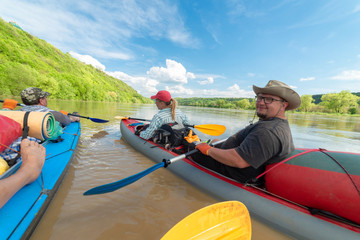 Kayak tourists on the Dniester River, Ivano-Frankivsk city, May 4, 2016