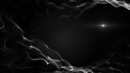 Abstract fluid, liquit background. Crystal white shapes on black backdrop. Light blurred white blick is inside the waves.
