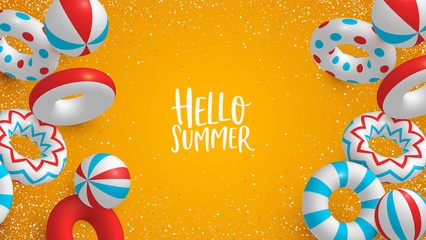 Holiday Summer background of 3d lifesavers and balls - obrazy, fototapety, plakaty
