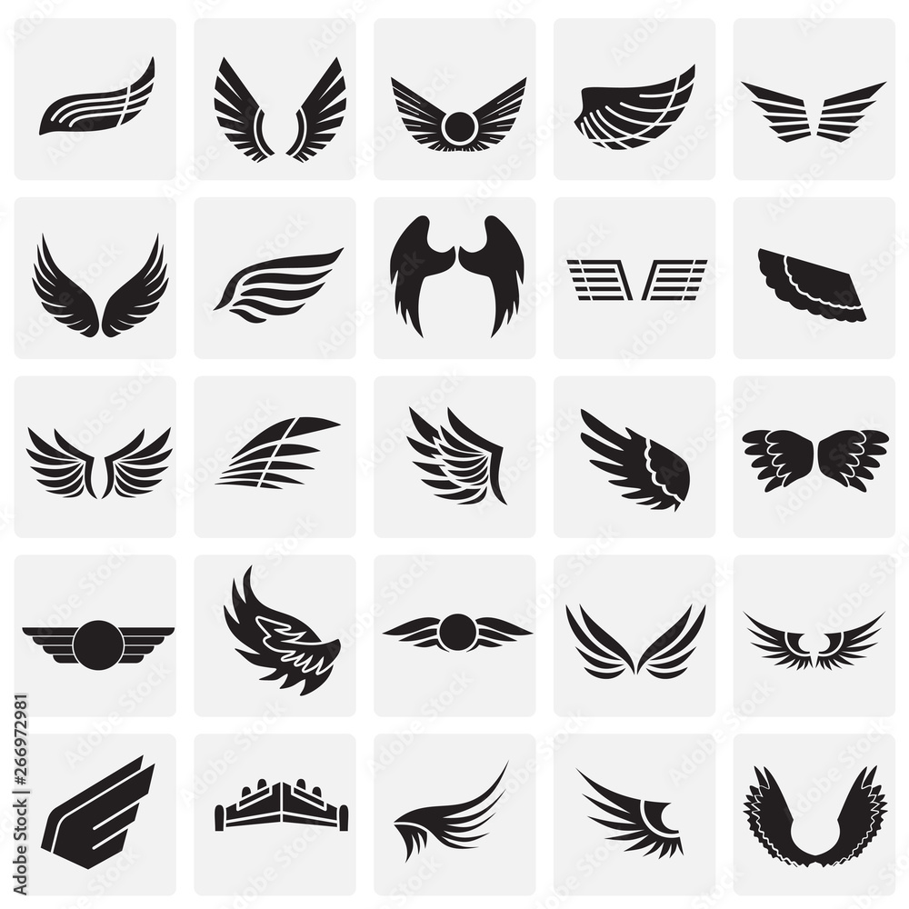 Poster wings icons set on squares background for graphic and web design. simple vector sign. internet conce