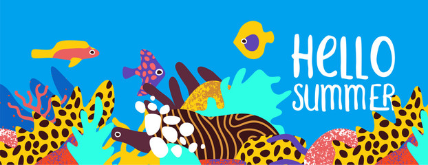 Fototapeta na wymiar Hello Summer tropical coral reef art banner