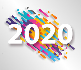 Creative happy new year 2020 card on modern dynamic background. Perfect for presentations, flyers and banners, leaflets, postcards and posters.