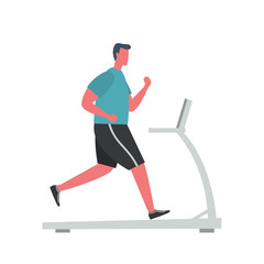 Young man in a sporty uniform is running on a treadmill. People icon. Funny flat style. Vector illustration.