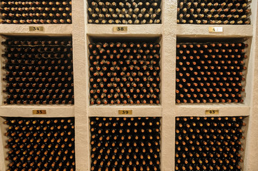  Wine bottles stacked up in old wine cellar
