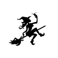 Witch on a broom makes a selfie, black silhouette. Heluin is a fun sticker.
