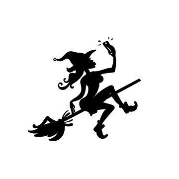 Witch on a broom makes a selfie, black silhouette. Heluin is a fun sticker.