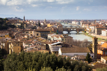 Fototapeta na wymiar Amazing view on Florence city and its main bridges and ponte vechio over Arno. Awesome cityscape of Florence roofs, Italy. Florence from above, near observation deck. Bushes on the foreground, skyline