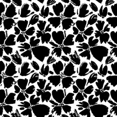 Vector seamless pattern with ink flowers, monochrome artistic botanical illustration, isolated floral elements, hand drawn illustration. Floral monochrome rough strokes as repeatable background.