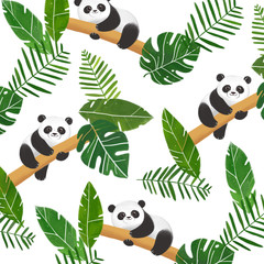 Simple trendy pattern with panda and leaves. Cartoon illustration for prints, clothing, packaging and postcards.
