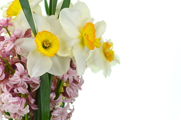 Spring bouquet of flowers isolated on white background. Blue Hyacinth flower bouquet, Hyacinthus orientalis and Yellow daffodil.
