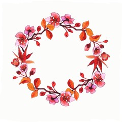 watercolor wreath of flowers blossom branch plum tree on white background