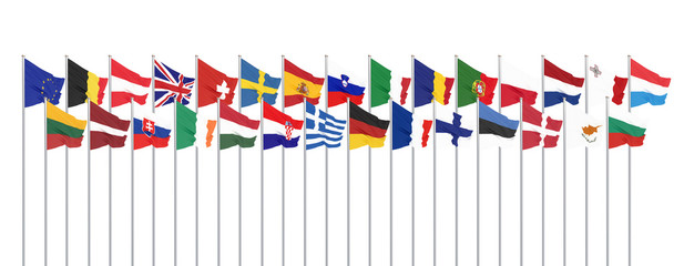 Silk waving 28 flags of countries of European Union. Isolated on white. 3D illustration.
