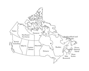 Vector isolated illustration of simplified administrative map of Canada. Borders and names of the regions. Black line silhouettes