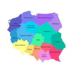 Vector isolated illustration of simplified administrative map of Poland. Borders and names of the regions. Multi colored silhouettes