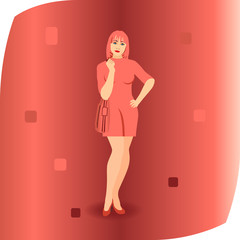 Stylish young woman posing in living coral dress on red background