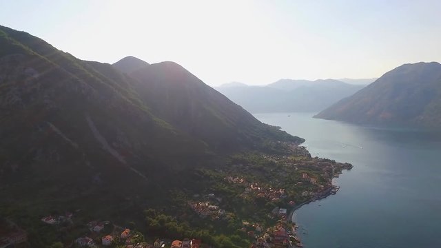 Aerial view of the city Prcanj in the Bay of Kotor Montenegro